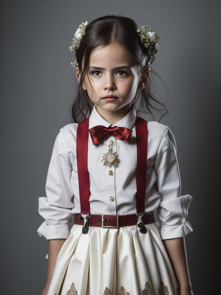 (((pretty, sad 5 year old girl))) from Bulgaria dressed in a (((typical Bulgarian wedding dress with white colored shirt and skirt with dark red suspenders))), (photorealistic: 1.4, realistic), 8k unified CG backgrounds very detailed, 1 child, looking at the viewer, (HQ skin:1.4), 8k uhd, dslr, soft lighting, high quality, film grain, Fujifilm XT3, ((plain and neutral background)). sky blue