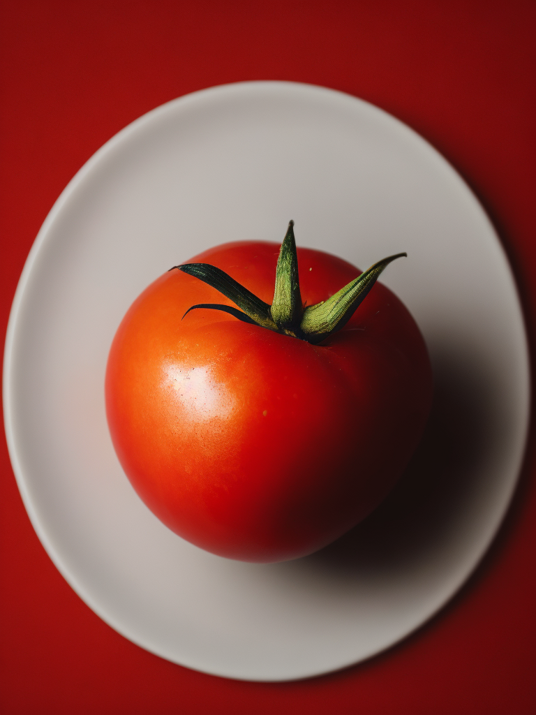 one tomato on a red background, highly detailed macro photo, magazine cover photo