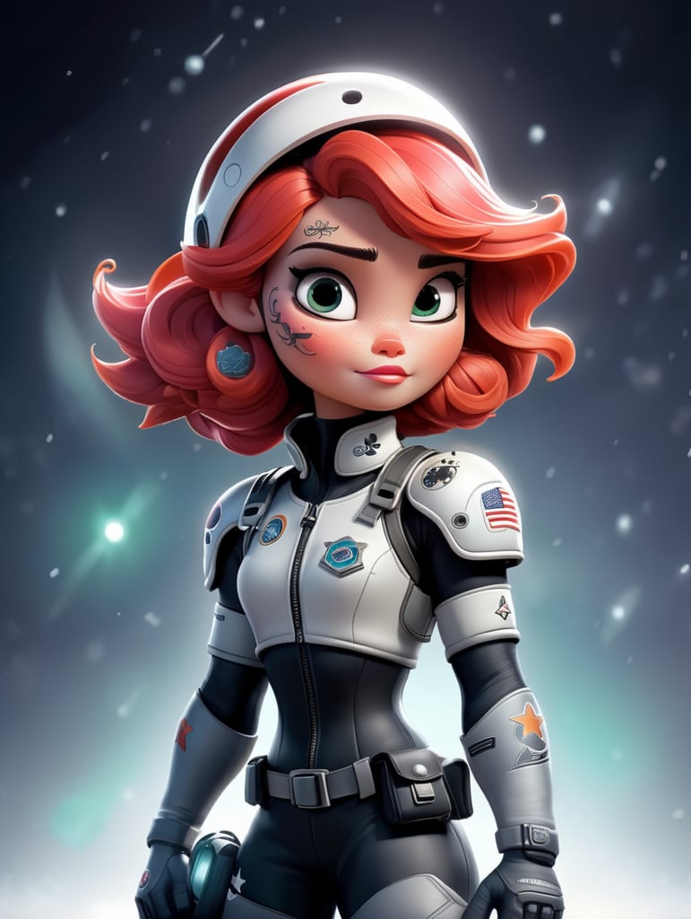 illustration of a female character named Aurora who is an astronaut using a helmet with tattoos