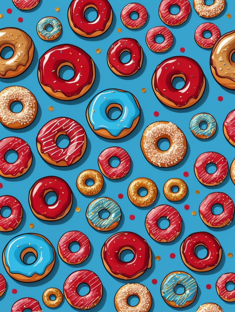 Donut Doodle Image, blue background, red donut, glazed, melted gold, vector, free download