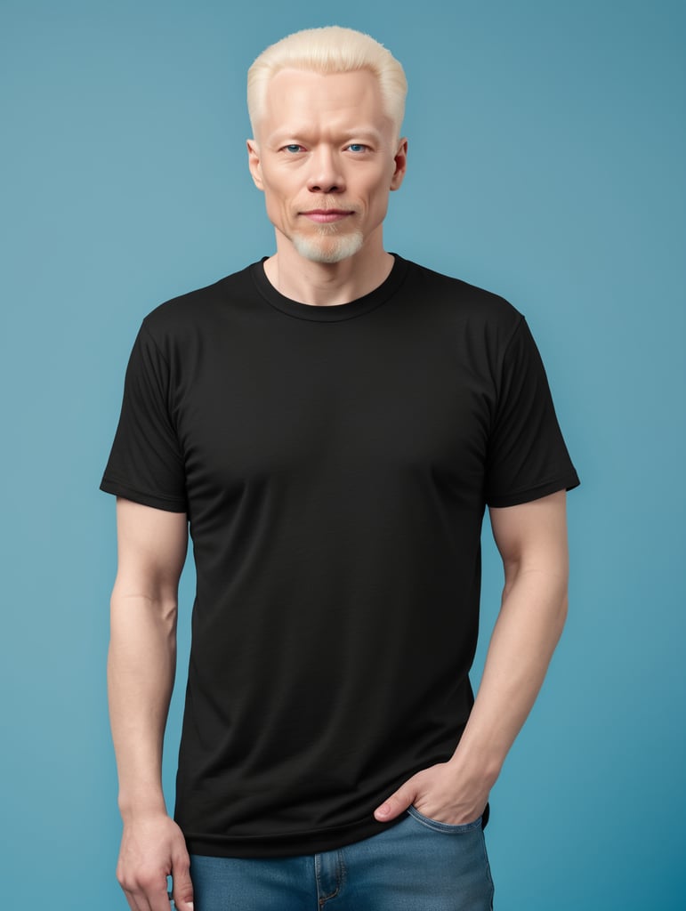 A middle-aged albino man wearing a black T-shirt, isolated, blue background, mockup, mock up