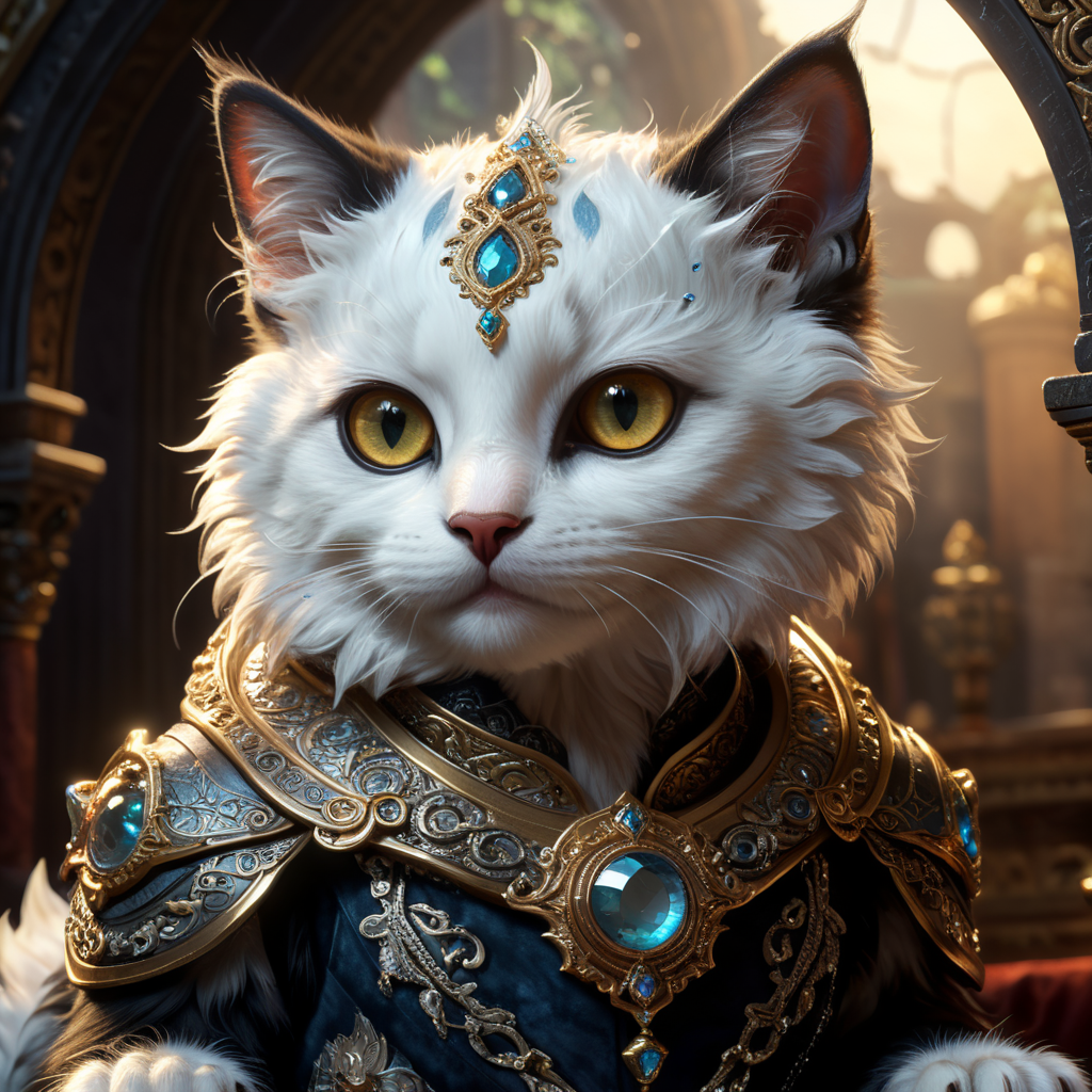generate a celestial adorable non-human kitten in the style of celestial and fantasy. the kitten should be the most beautiful animal ever created. Consider details like fluffy and feathers and silk and satin and shimmer and glimmer. Include subtle details of phantasmal iridescence. emphasize small details of fantasy and ornate jewels. camera: utilize interesting and dynamic composition. enhance visual interest. lighting: use ambient lighting that enhances the ambiance of fantasy. include bold colors and deep shadows. hires, detailed large eyes, hires detailed eyes, hires small details, ornate, intricate details, 8k, shimmer, unity, official cgi unreal engine, high resolution, (((masterpiece))), high quality, highres, detail enhancement