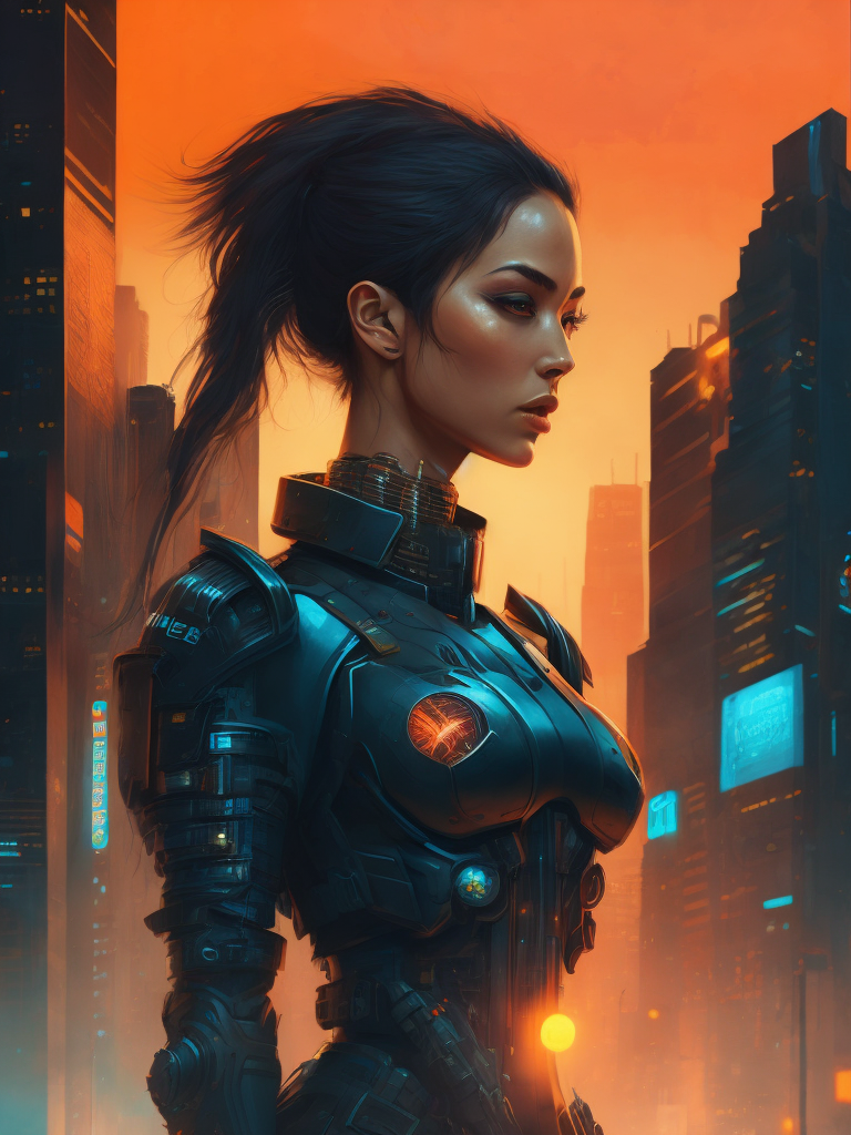 A cyberpunk woman with cybernetic implants, surrounded by neon - lit cityscape reflections, illustration in the style of James Jean
