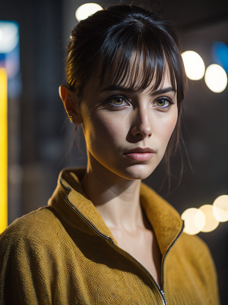 a women looks on the camera, yellow side lighting, focused gaze, canon 50 lens, focus on the face everything else is in blur, the blade runner scene.