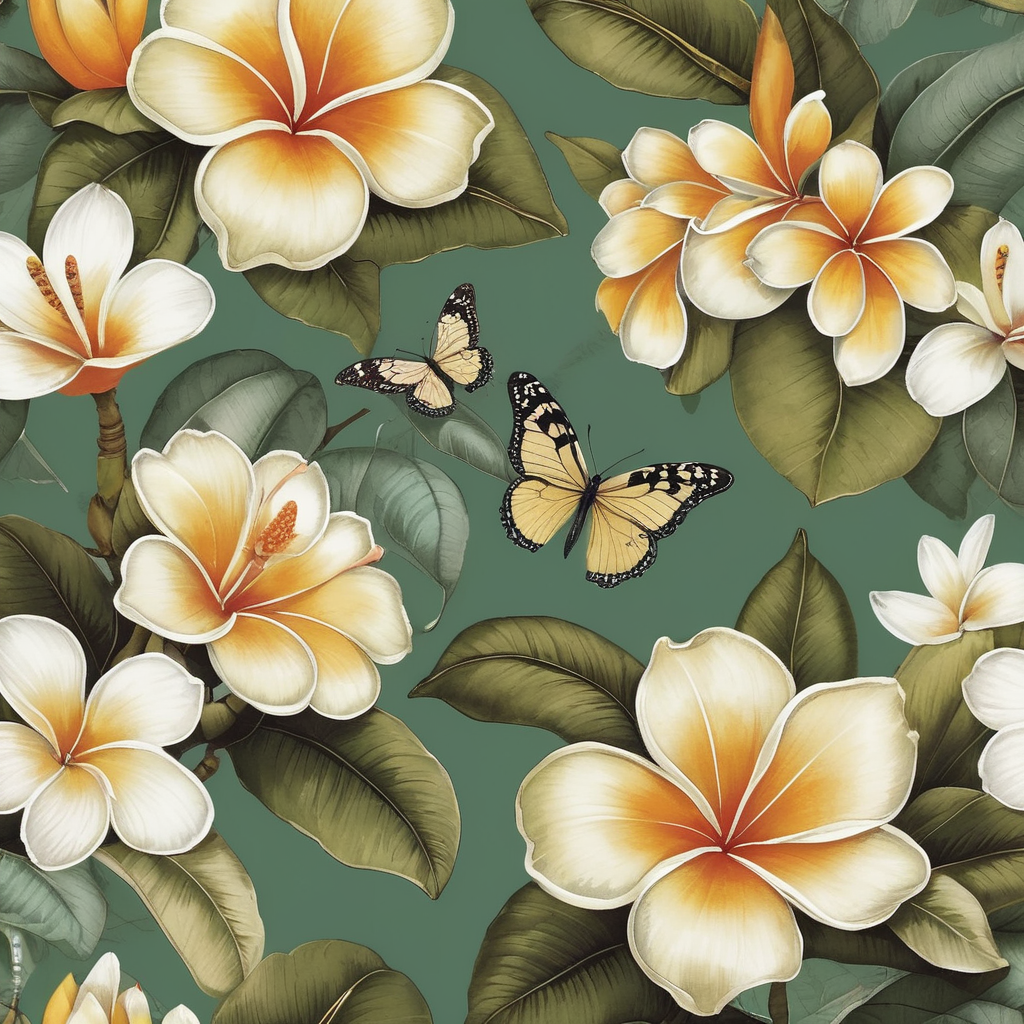 Oriental luxury floral patterns in the style of Balinese and Peranakan culture::1 trailing blousy Frangipani blooms::1.25 fabric [1 butterfly flying on a tree, Frangipani, botanical mango leaves, oriental floral] prints::5 opulent florals with an Indienne twist::olive colour:1 ostentatious feminity::1 repeating seamless pattern::4 patternbank::1 wide angle::2::flemish baroque::rococo --no watermark, text --v 4
