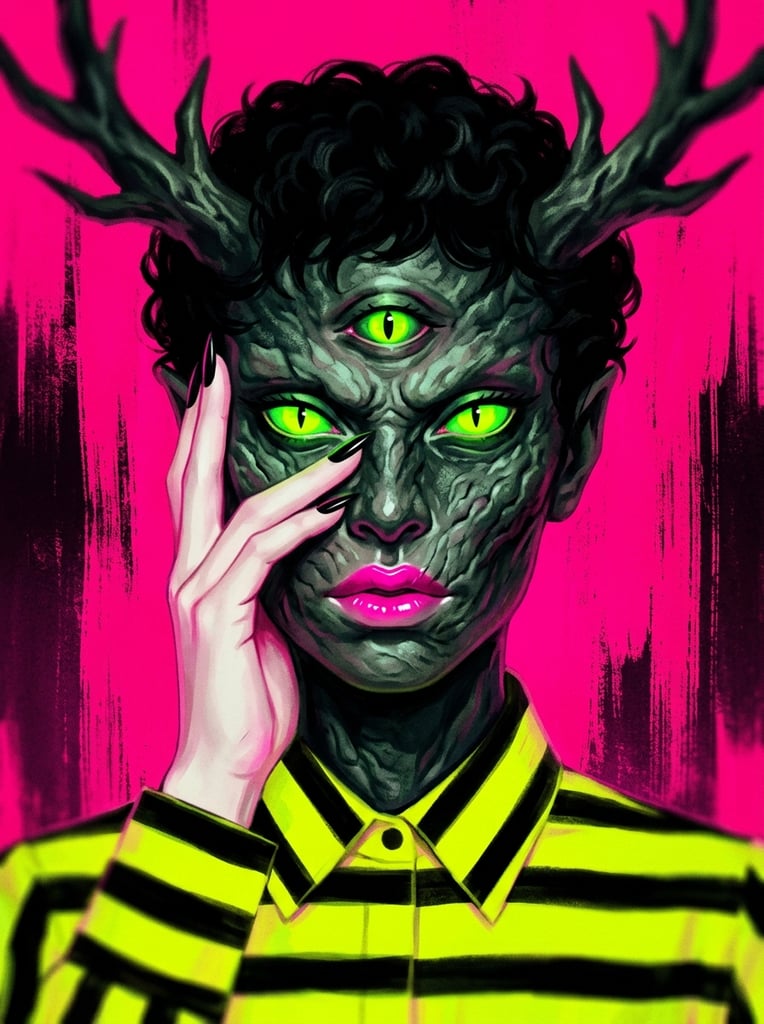 A pop-surrealist portrait of a three-eyed humanoid figure with craggy greenish-black skin, partially covering its face with a pale human hand against a vibrant hot pink background. The entity stares with glowing neon green feline eyes, including a prominent third eye on its forehead. Dark branching horns emerge from short, curly black hair. A delicate hand with sharp black fingernails rests elegantly across the face, contrasting with the monstrous visage and glossy bright pink lips. The figure wears a collared shirt featuring bold horizontal neon yellow and black stripes. The intensely saturated magenta backdrop is detailed with rough, distressed vertical brushstrokes. The digital painting utilizes a high-contrast neon color palette, juxtaposing grotesque demonic features with glamorous, high-fashion aesthetics.