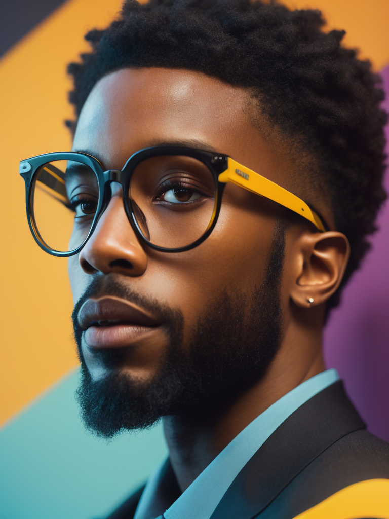 Detailed portrait of the singer the Weekend, Glasses with colored lenses, bright saturated colors, with a small beard, afro hairstyle, bright gradient background,
