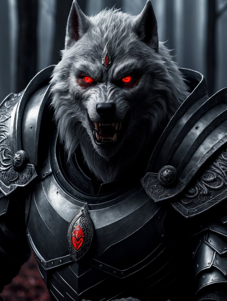 White werewolf elf assassin wearing armor with glowing red eyes