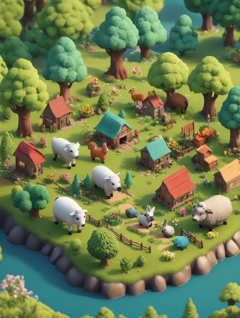 Detailed 3d farm island, fluffy trees, animals, working people, cute creatures, gathering place, flowers, game art style, 3d model, blender modeling, stylized, isometric, tinye style, cute, postcard style, miniatures