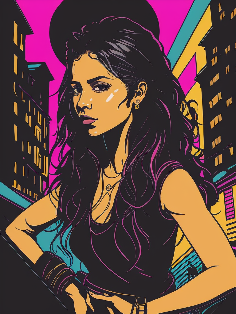 Poster style illustration of a Latina brunette teenage girl in defiant pose with urban art in the background, Mexico City. Street art style, poster, Banksy style. neon colors, rim light