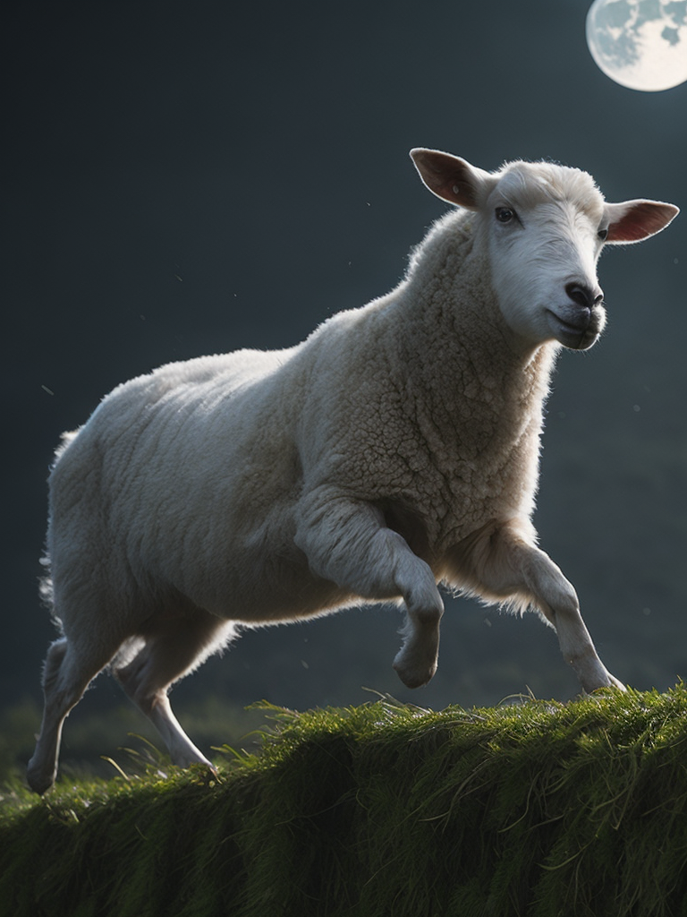 Photo realistic young sheep jumping over a fence in a field behind a house at night with a bright moon