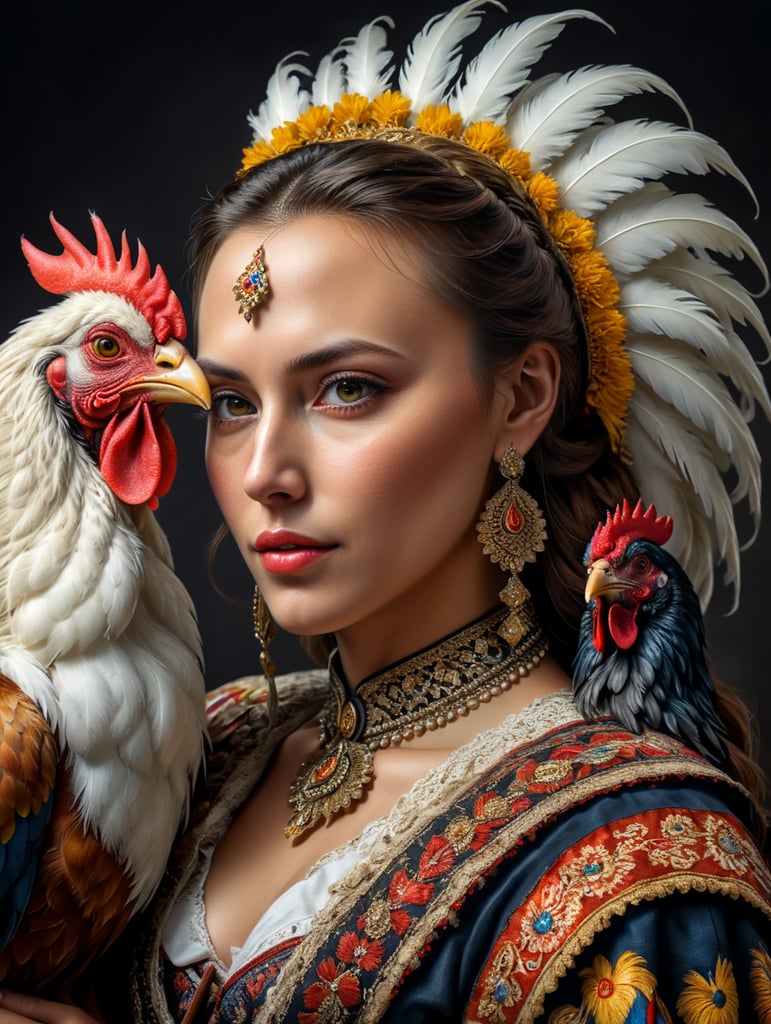 Portrait of a Beautiful women from Romania wearing traditional costume hugging a Rooster