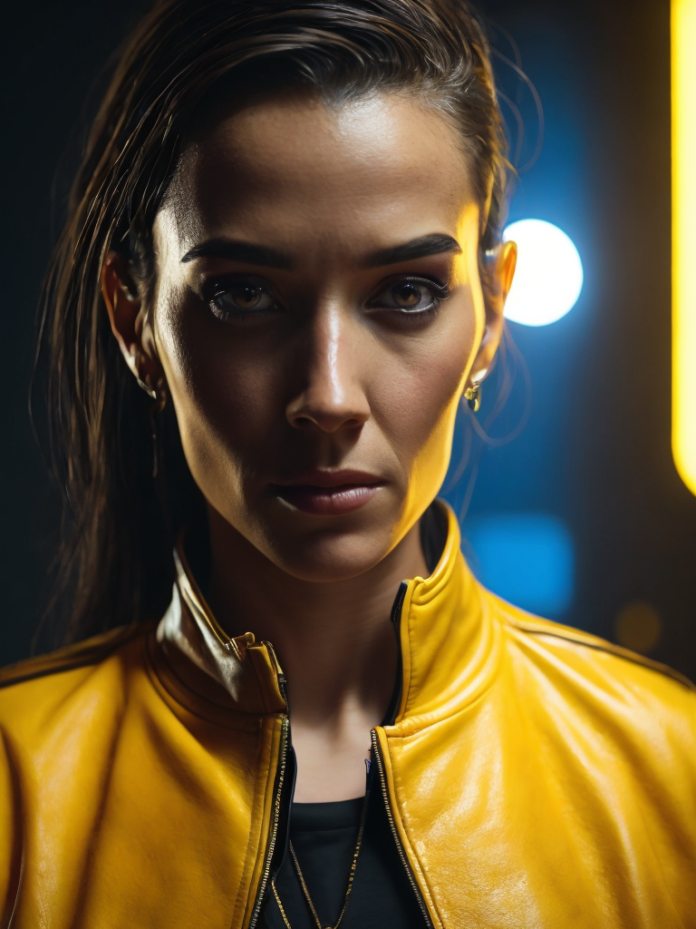 cinematic shot, a women looks on the camera, wearing yellow leather jacket, yellow lighting right side reflecting on her face, weak blue lighting left side reflecting on her face, canon 50 lens, focus on the face everything else is in blur, the blade runner scene.