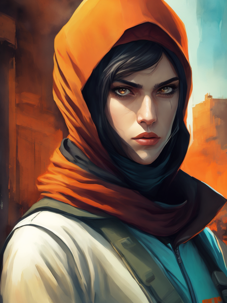 terrorist man with hijab from counter strike game with ak-47, ultra realism, super detailed, neon colors, magazine cover, professional shot, magazine photography, bright saturated colors, sharp focus, highly detailed