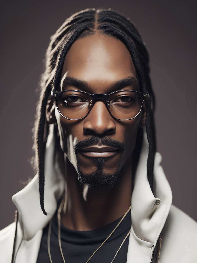 Portrait of Snoop Dogg with white skin and blond hair, glasses and mustache