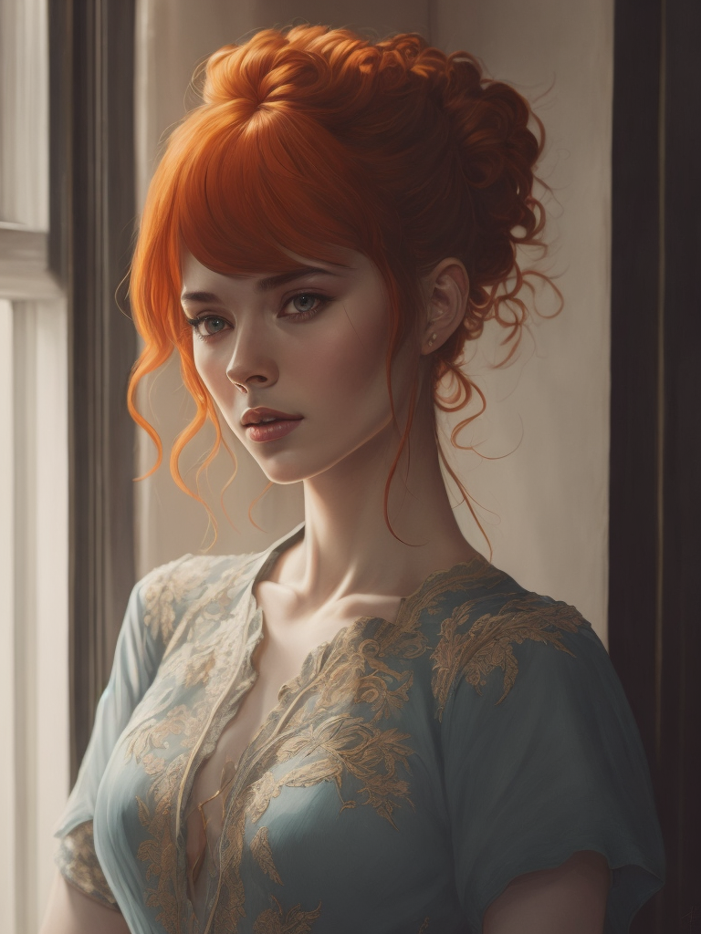 Portrait of a red-haired young girl in front of a window, vintage dress, 15th century, painting, oil, Italy, stvle of Sandro Botticelli, illustration,