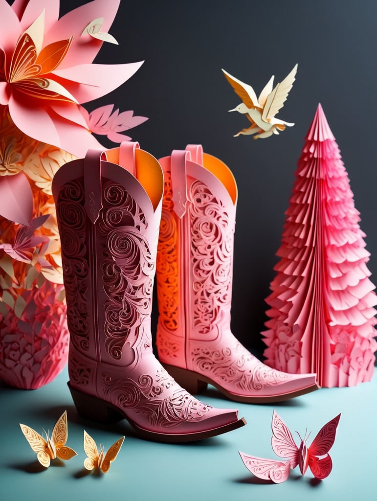 drawing of cowboy boots and a pink cowboy hat, depth of field, colorful