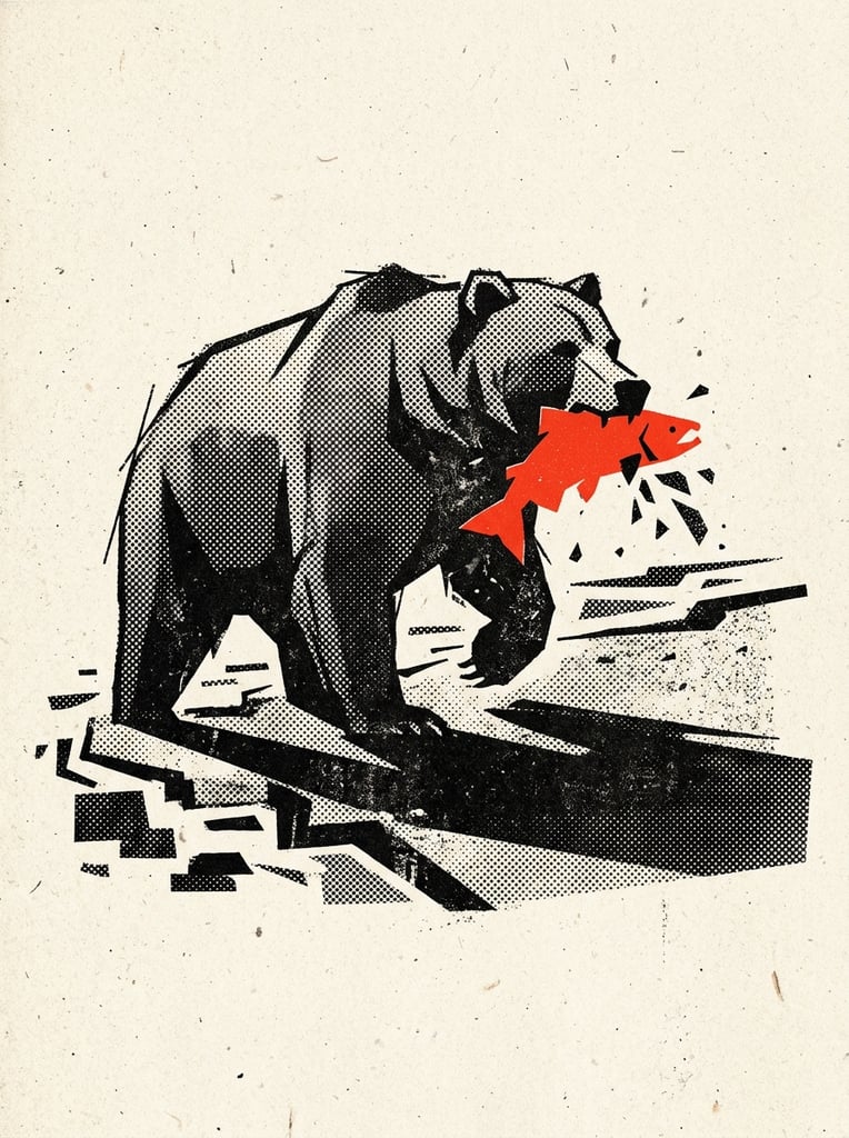 A graphic risograph-style illustration of a large bear catching a fish, defined by extreme mid-century constructivist minimalism and vintage offset printing techniques. The bear is rendered in dense, textured black ink, stylized with heavy halftone dot patterns and stippled shading that create harsh, directional form. In the bear's jaws is a sharply contrasting, flat vermillion red fish, providing a bold block of vivid color. The subjects are anchored on a bare, off-white cream background emphasizing coarse paper grain and tactile surface texture. Heavy, dense black cast shadows stretch horizontally to the right of the bear, formed by tightly clustered ink stippling. The overall composition utilizes a strictly limited palette of deep black, pure tomato red, and cream paper tone, characterized by subtle ink bleed, high-contrast geometry, and a heavily textured, retro graphic aesthetic.