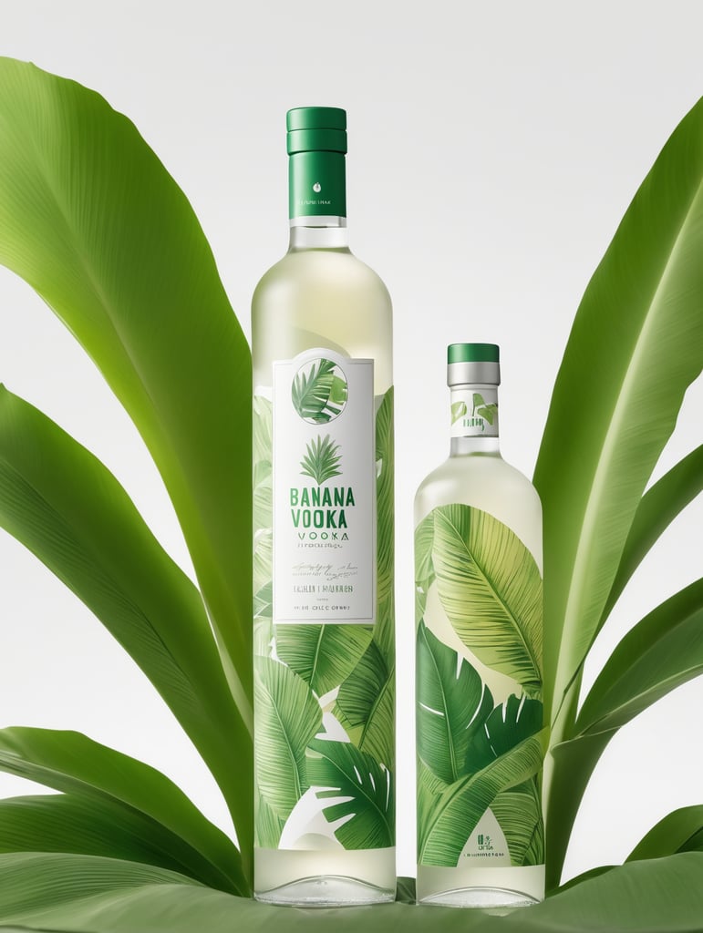 Packaging and branding for a banana vodka brand as if it had been designed by HI ESTUDIO with In a set design with banana, and banana leaves.