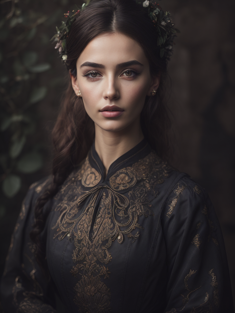 Portrait of a Beautiful women from Russian fairytale wearing traditional costume everything around black roses, deep atmosphere