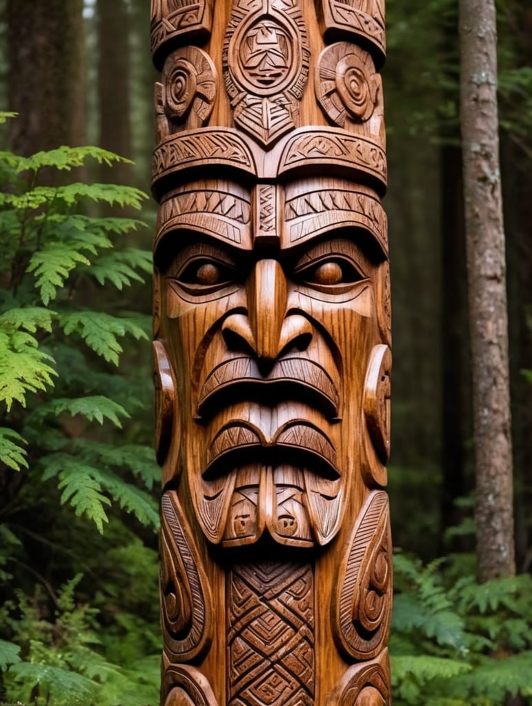 viking totem pole, carved wood, aggressive totem, traditional ornament