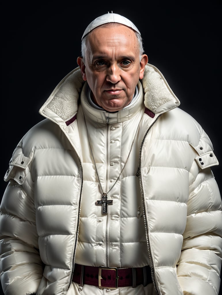 Professional photo glamour of Pope Francis looking stylish in a white puffer jacket