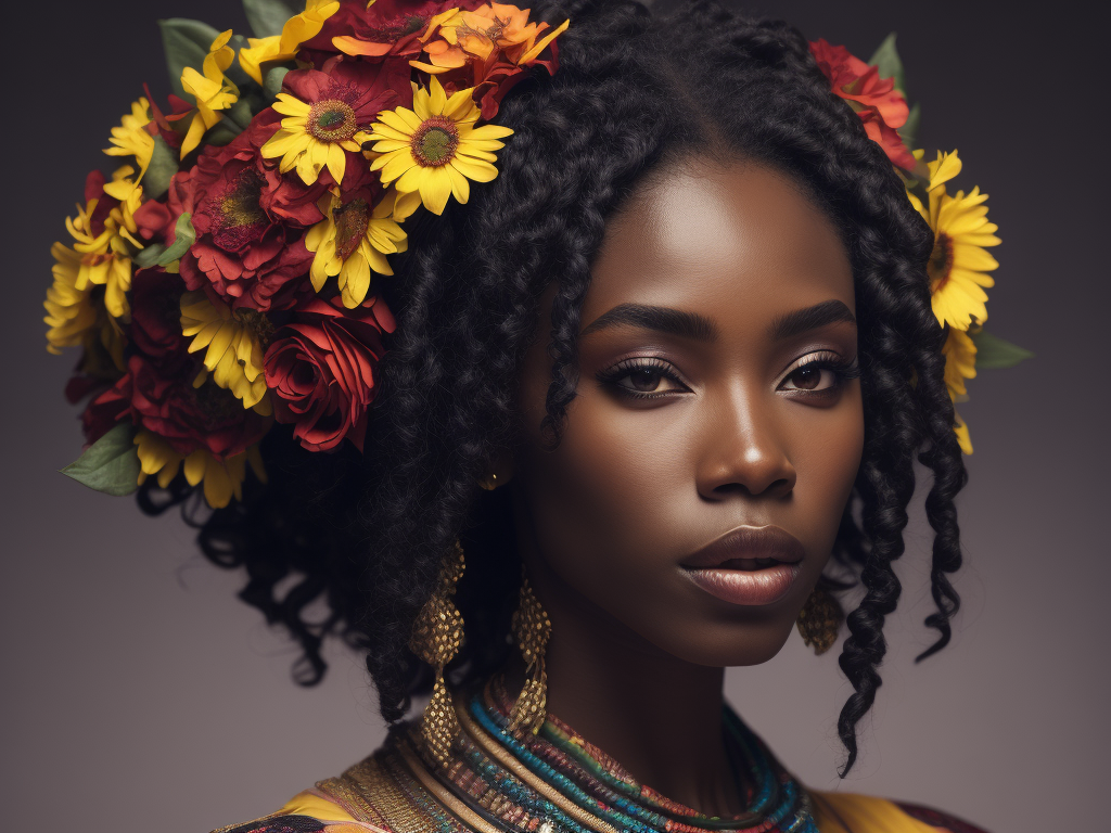 Pretty african girl with flowers in hair, fashion magazine, sharp focus,highly detailed,bright and saturated colors,elegant