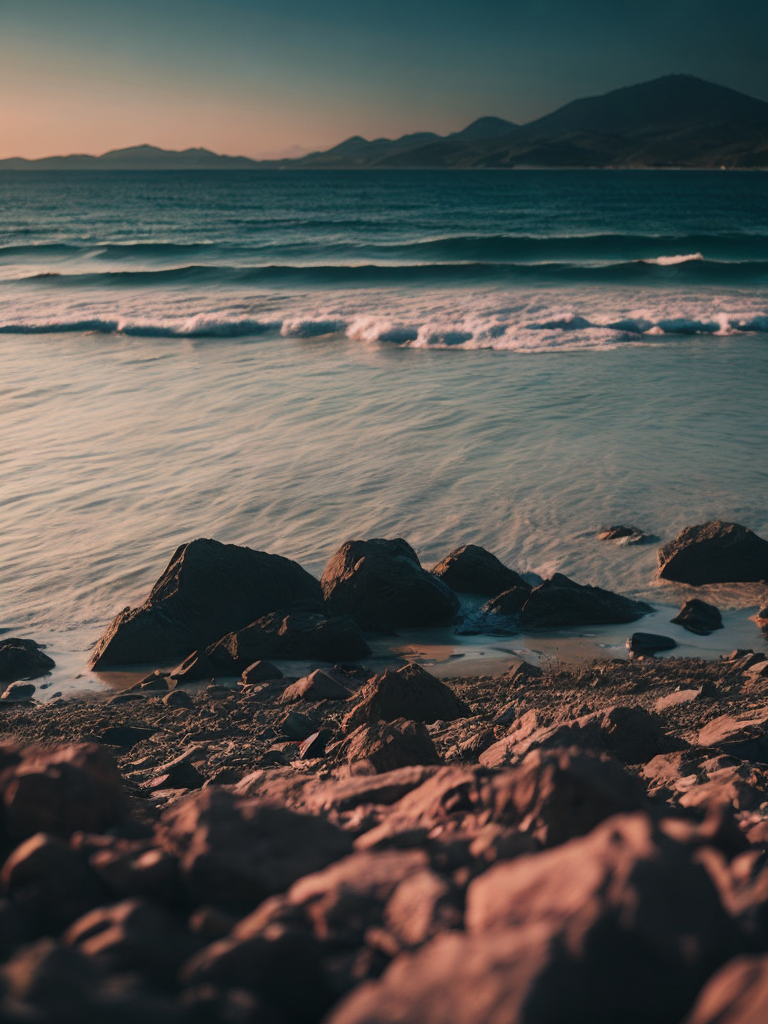 Blurry landscape of the pink sea at dawn