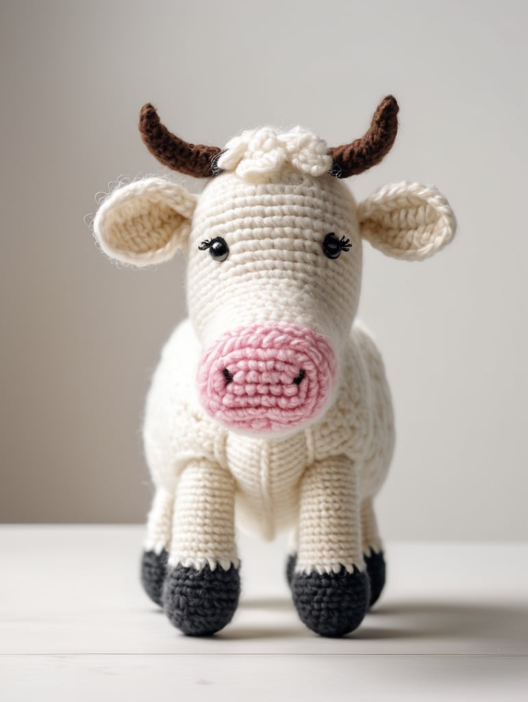 Realistic photo shoot, crochet cow stands, natural wool material, textured crochet, white background, three-dimensional shapes, handmade, arranged on the surface, strict simplicity, high detail, at the eye level of the camera