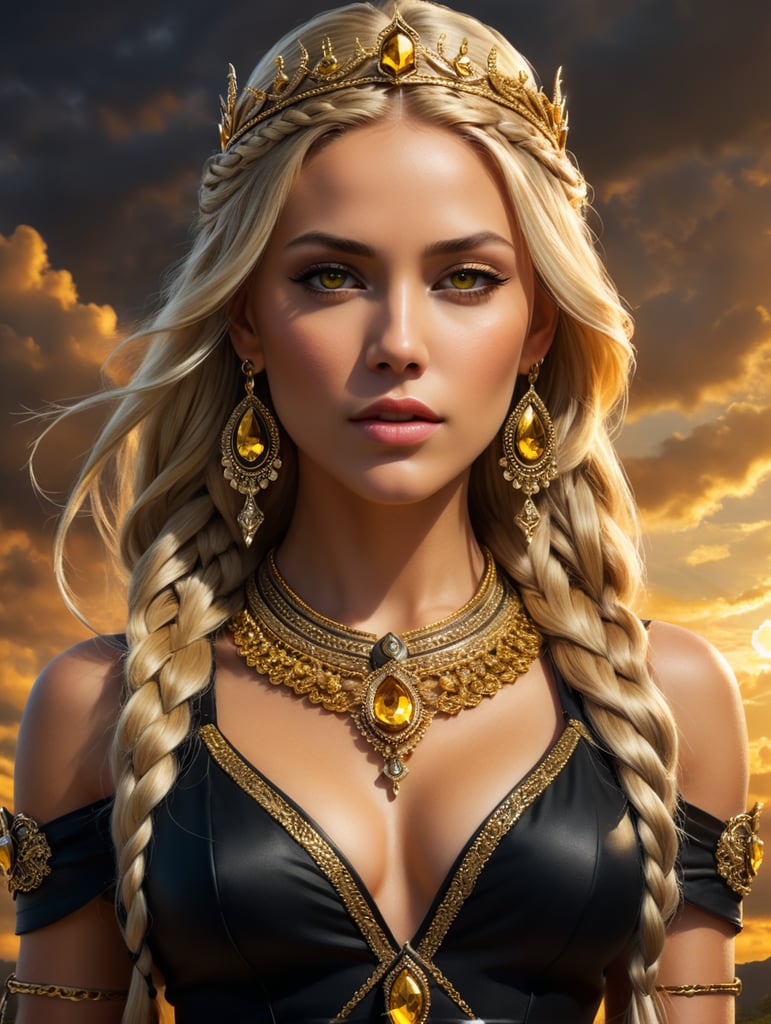 blonde woman with long braids, thin gold crown, golden bracelets, wearing long black V-cut dress, long dress, golden details on the dress, bright yellow eyes, brown sky in the background