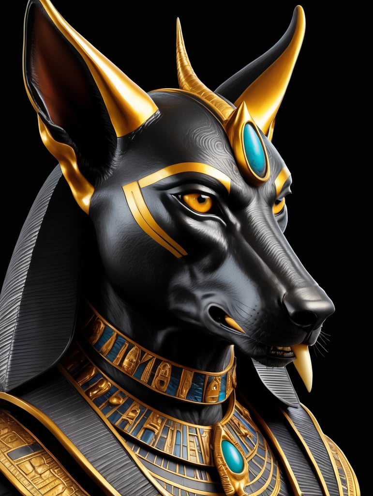 Egyptian god Anubis, portrait, hyper-realistic, dark style, focus on face, sharp on details, black background