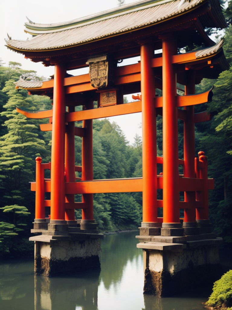 Red torii gate in middle of a lake, Dense forest on the edge of the lake, Bright and saturated colors, Japanese culture, photorealistic, contrast light