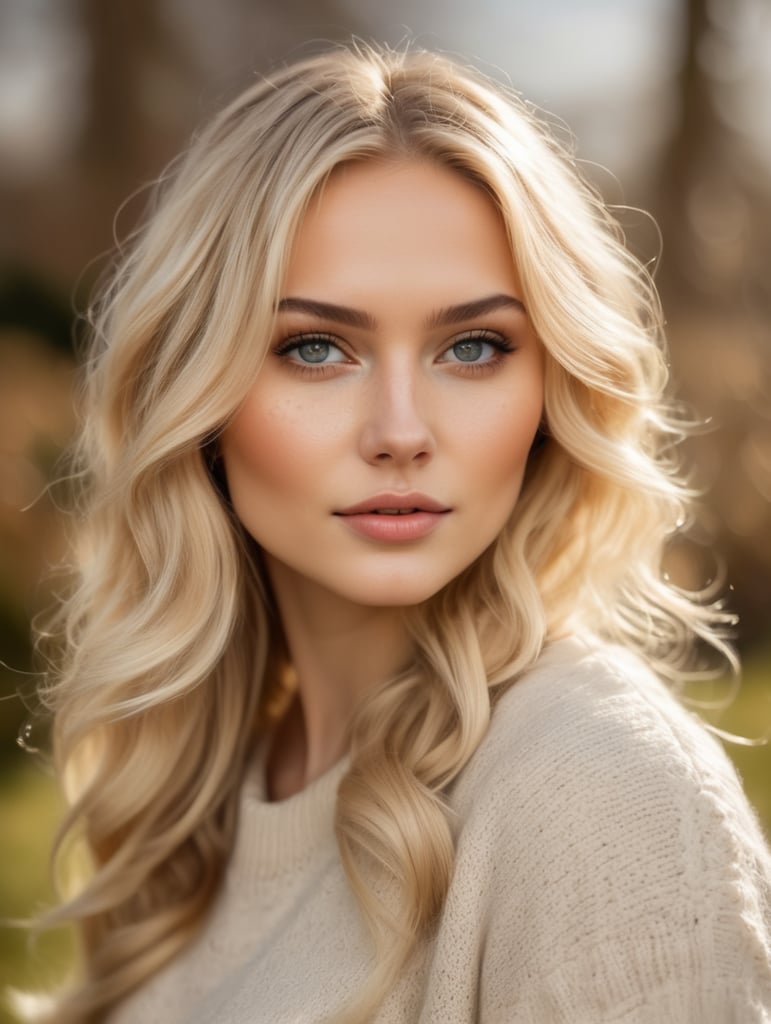 professional photography norwegian girl winter clothing long wavy blonde hair sultry flirty look freckles symmetrical face natural makeup warm winter fashion in spring sunny garden mnoho jarních květin