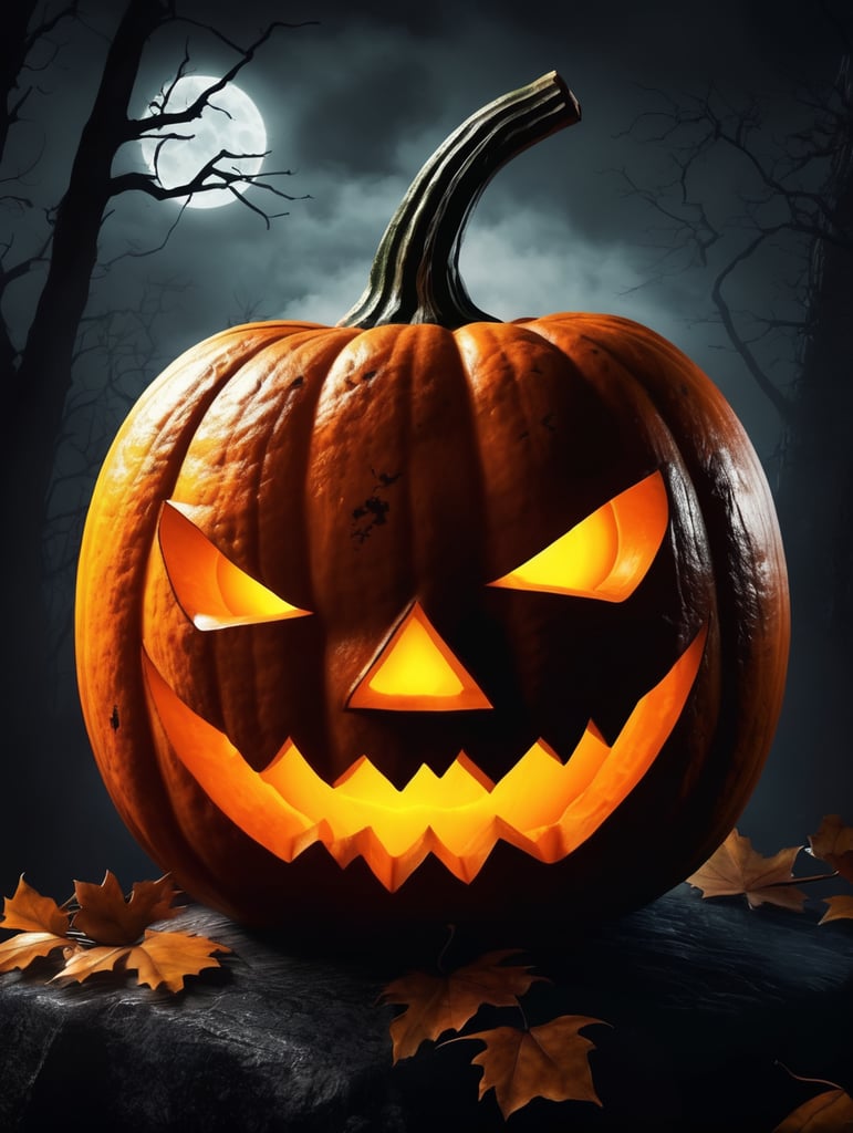 Halloween pumpkin photorealistic illustration, scary, dark