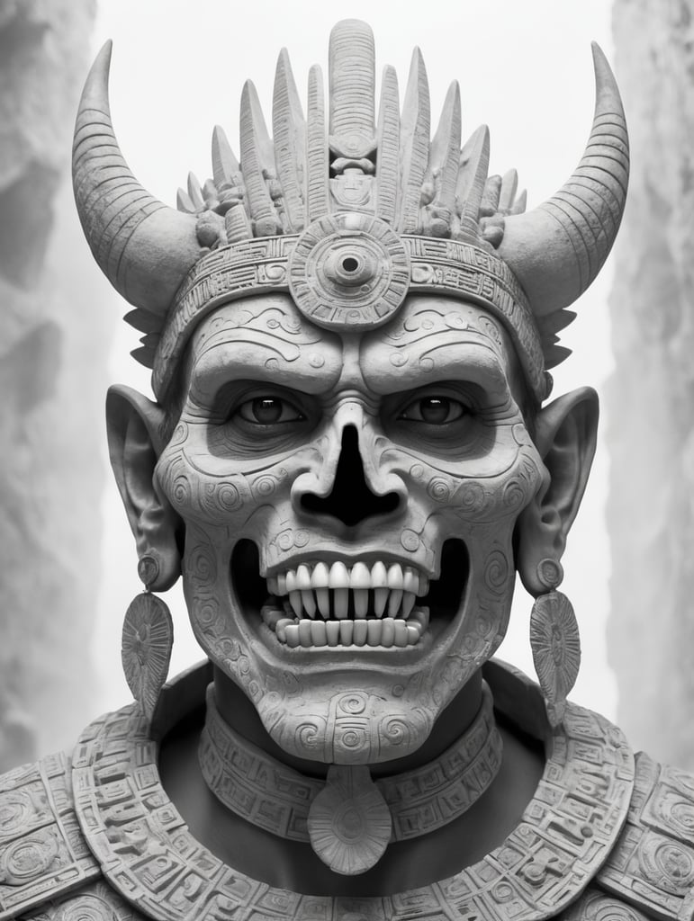 Mictlantecuhtli, the ancient Aztec god of the underworld, depicted predominantly in black and white with subtle shades of gray, Mictlantecuhtli's face represents intense rage, furrowed brows, and eyes blazing with anger. His features are sharp and clear, with deep-set eye sockets. Elongated bone structures form his skeletal appearance, emphasizing the otherworldly nature of his being. jagged teeth, stained and yellowed, protrude menacingly from the mouth, Against the backdrop of the Aztec underworld known as Mictlan.
