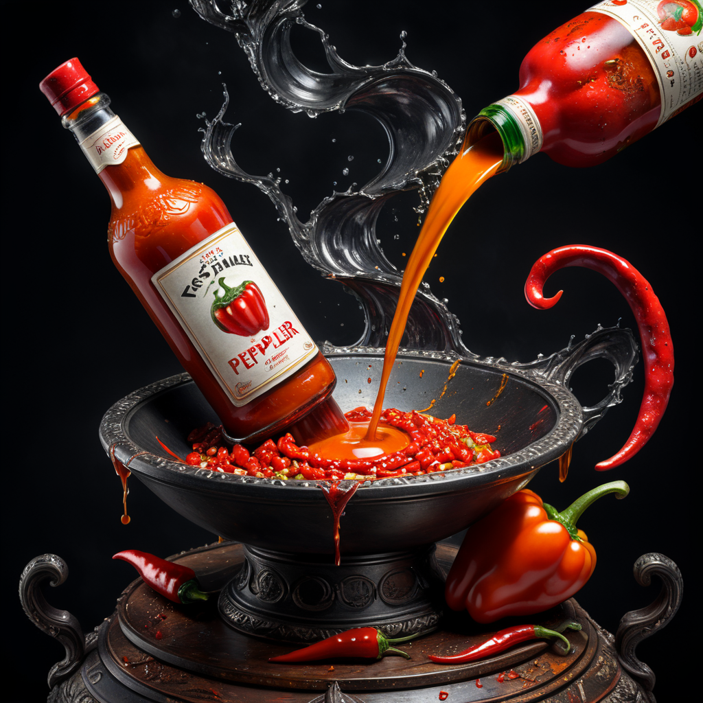 Draw an abstract image of a person represented as a set of scales, with red pepper on one side and a can of hot sauce on the other, where the red pepper side is tipping the scales.