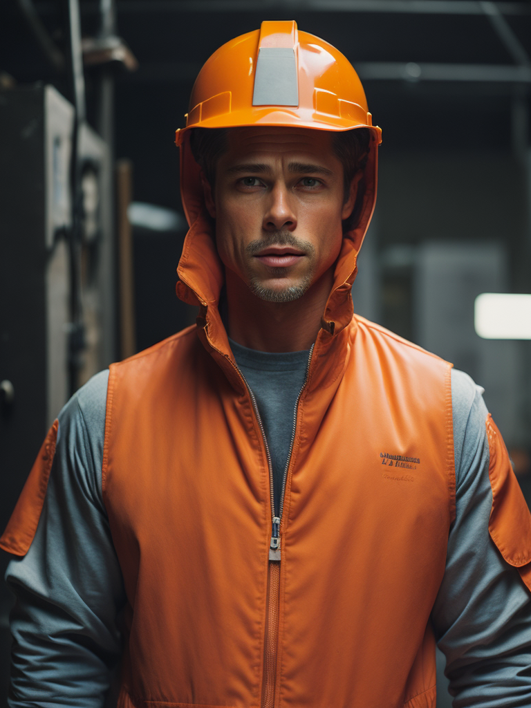 portrait of Brad Pitt as oil worker, wearing a white plastic helmet and orange robe