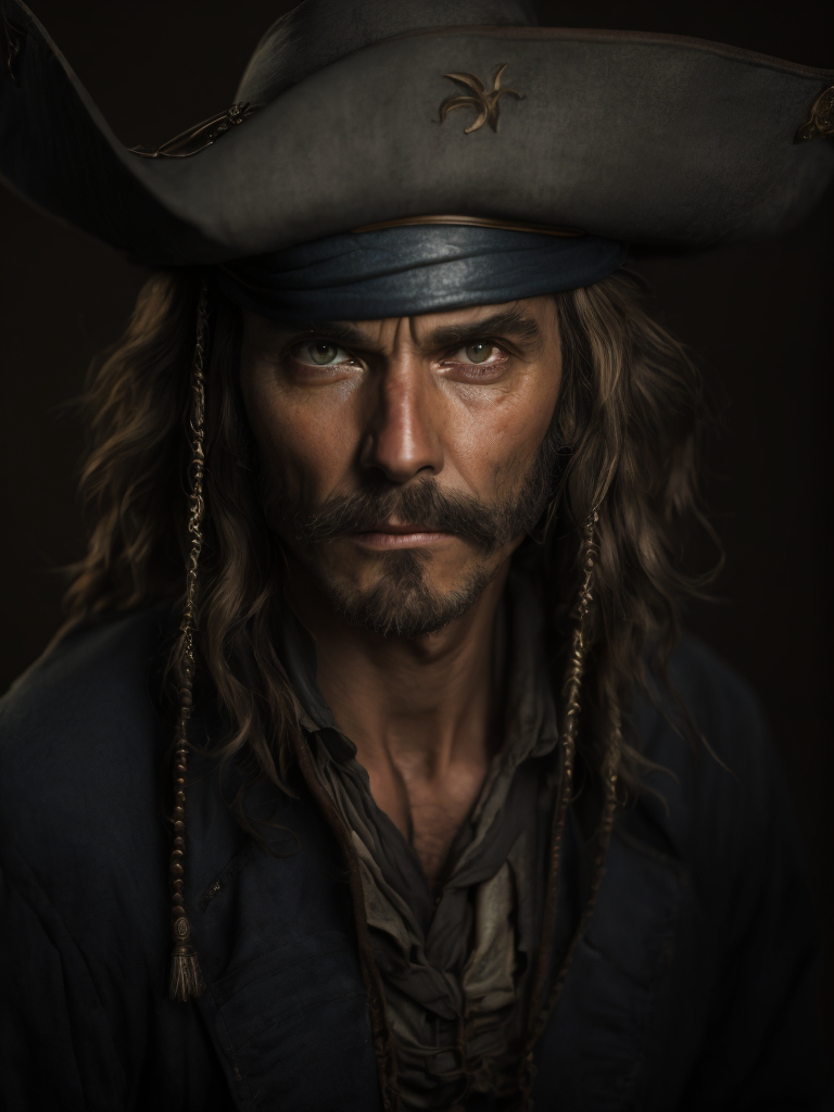 portrait of a pirate, serious look, wrinkles on the face, high-quality rendering, dark atmosphere, muted colors