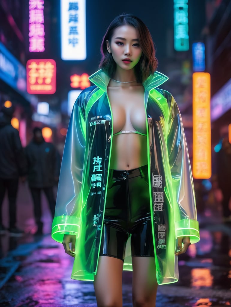 A women wearing translucent coat, standing on a street, neon cyber city, dark night, neon signs