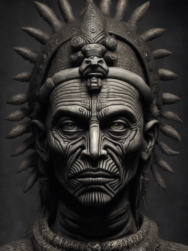 In this powerful and evocative image, mictlantecuhtli, the ancient aztec god of the underworld, emerges in all his ominous glory. rendered predominantly in stark black and white, with subtle gradations of gray, the depiction showcases the deity's menacing presence and serves as a testament to his authority. mictlantecuhtli's face embodies an intense fury, with furrowed brows and eyes ablaze with anger. his facial features are sharp and defined, with deep-set eye sockets that pierce through the darkness. elongated, bony structures form his skeletal visage, accentuating the otherworldly nature of his being. jagged teeth, stained and yellowed, protrude menacingly from his mouth, capturing his ferocity and instilling fear in those who behold him. the environment surrounding mictlantecuhtli reflects the essence of his era, transporting us to the aztec underworld known as mictlan.