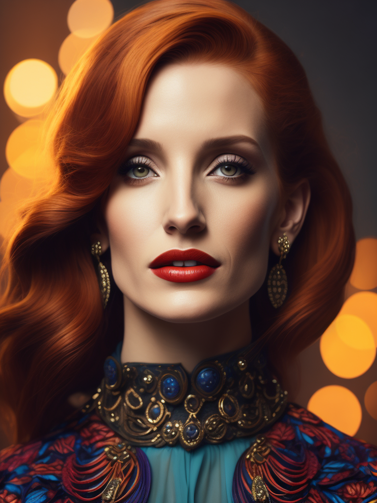 Portrait of Jessica Chastain, bright and saturated colors, elegant, highly detailed, vogue, fashion magazine, sharp focus, bright expressive makeup, dramatic lighting, depth of field, incredibly high detailed, blurred background
