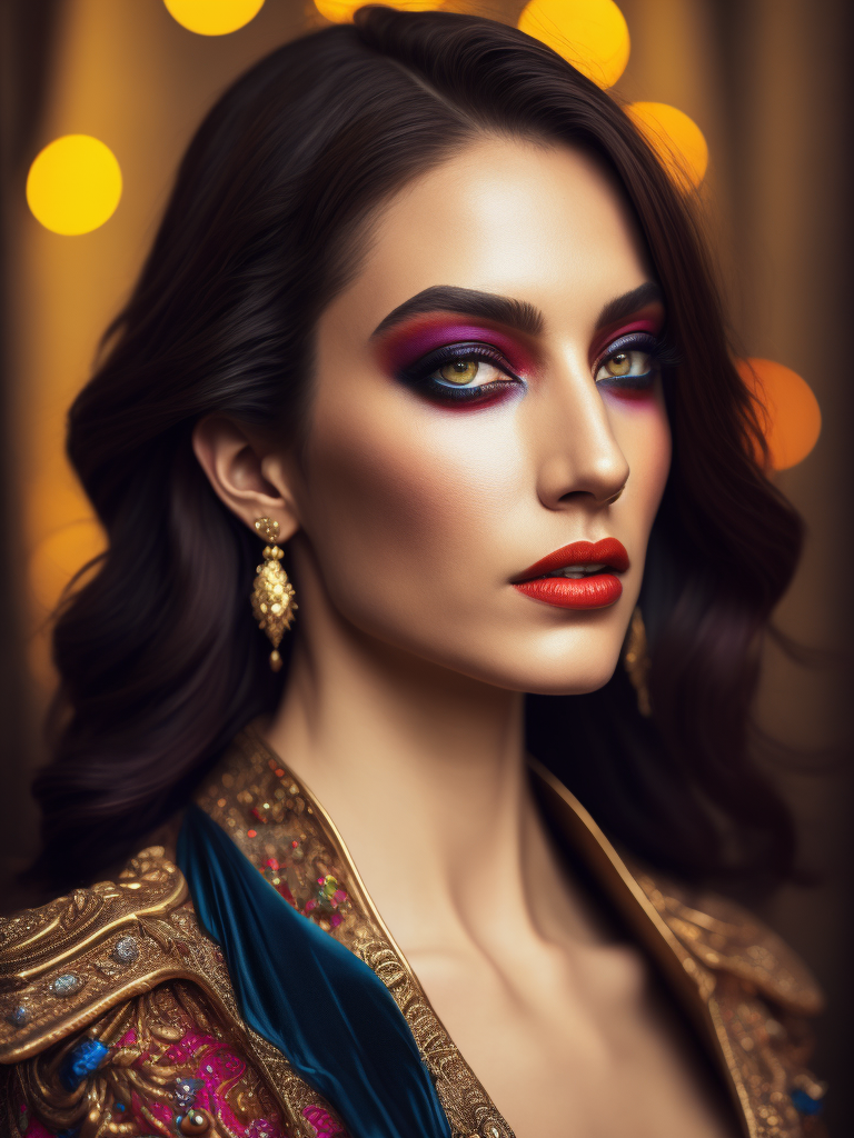 Portrait of Venera, bright and saturated colors, elegant, highly detailed, vogue, fashion magazine, sharp focus, Bright expressive makeup, Dramatic Lighting, Depth of field, Incredibly high detailed, blurred background