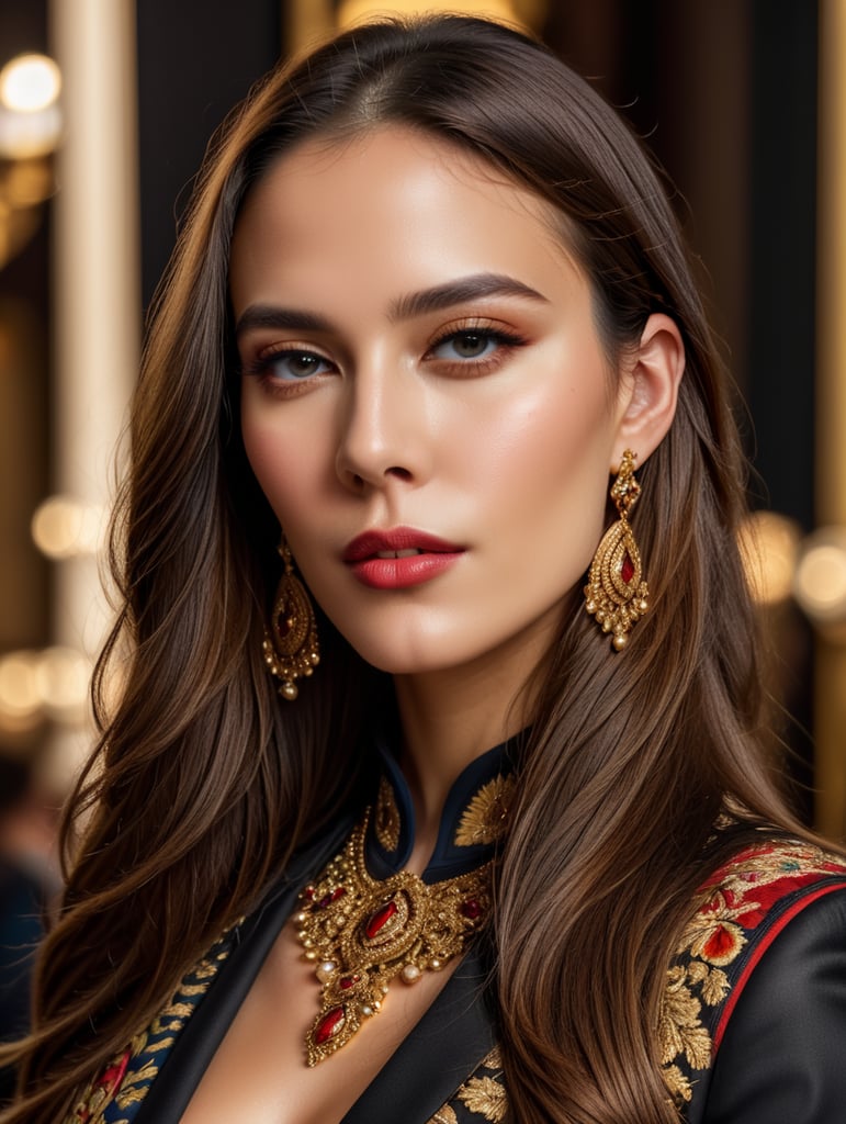retrato de mujer muy atractiva con estilo extravagante, cabello largo lacio, ropa Gucci, dolce & Gabbana o versace, maquillaje cargado, gran detalle, textura, colores saturados, elegante, Vogue, revista de moda, enfoque nítido, maquillaje expresivo y brillante, luz dramática, profundidad de campo, fondo desenfocado