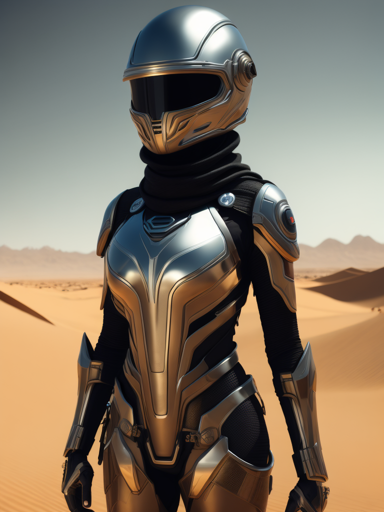 Cyber girl wearing chrome helmet, shining reflections, walking in the desert, photorealistic, hyperdetailed, dune atmosphere