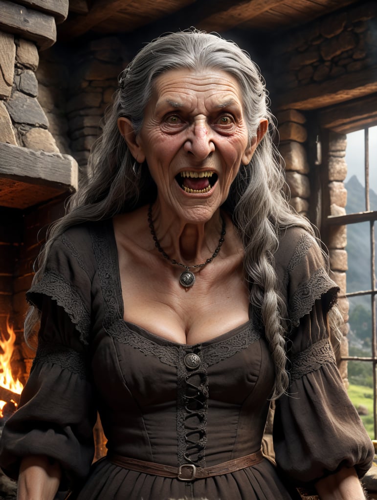 An old witch dressed in a plain dark brown dress buttoned up to her neck, very ugly with a big nose, bad teeth that stick out and warts, bent over, viewed from the front, by an old stone fireplace. Long grey hair. Inside a tumbledown cottage with a dark wood seen through the window.