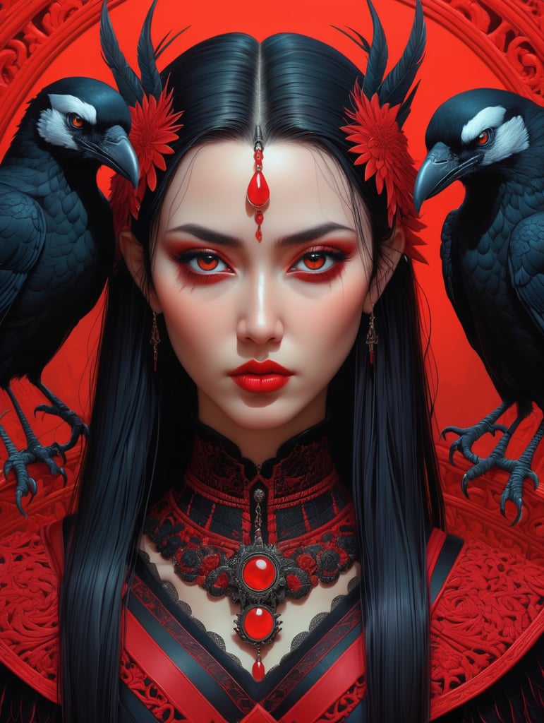 lord of crows art portrait by casey weldon, red and black color palette, olga kvasha, miho hirano, hyperdetailed intricately detailed gothic art trending on artstation triadic colors unreal engine 5 detailed matte painting, deep color, fantastical, intricate detail, splash screen, complementary colors, fantasy concept art, 8k resolution, gothic deviantart masterpiece