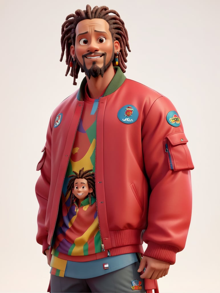 a man with dreadlocks on his head is wearing a colored jersey and a red bomber jacket