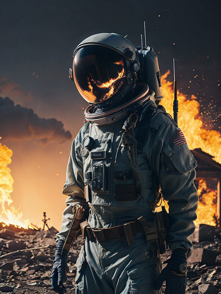 hyper-realistic, ultra-detailed of astronaut standing in the front of big fire explosions of the house in palestine, depth of field, sunlight fractal details, depth of field, HOF, hall of fame, apocalyptic environment, trending on Artstation, 64k, ultra-detailed, ultra-accurate detailed, surrealism, dark, dust, sparks, apocalypse