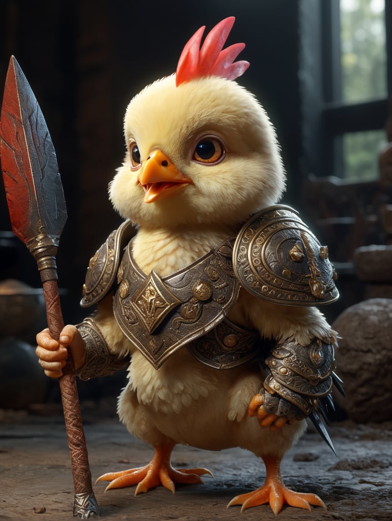 Cartoon baby chicken with spear warrior