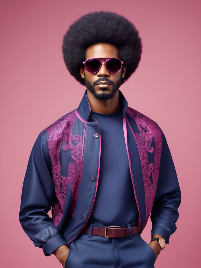 Afro ebony man, sunglasses, avant-garde, simplygo, photoshoot spread, dressed in all indigo, pink background, harpers bizarre, cover, headshot, hyper realistic
